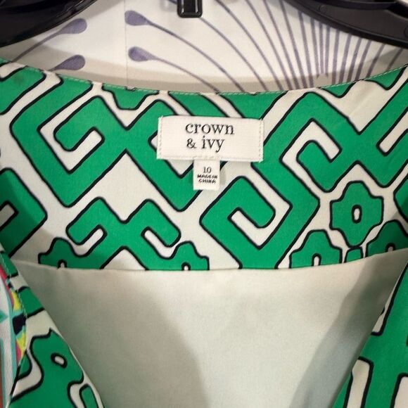 Crown & Ivy Green Pink Geometric Dress boho sleeve Womens size 10 PTP-20 L-38 - Picture 7 of 7